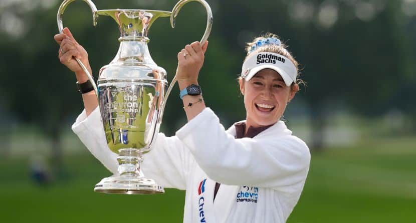Nelly Korda holds the trophy after winning the Chevron Championship LPGA golf tournament Sunday, April 26, 2026, in Houston. (AP Photo/David J. Phillip)