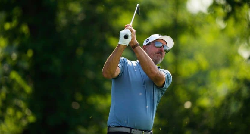Phil Mickelson tees off on the 13th hole during the first round of the U.S. Open golf tournament at Oakmont Country Club, June 12, 2025, in Oakmont, Pa. (AP Photo/Carolyn Kaster)