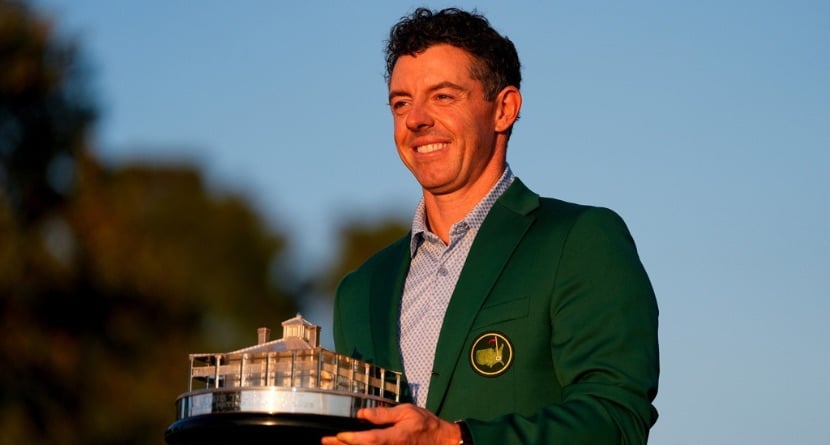 Rory McIlroy, of Northern Ireland, holds the trophy after winning the Masters golf tournament at the Augusta National Golf Club, Sunday, April 12, 2026, in Augusta, Ga.(AP Photo/Ashley Landis)