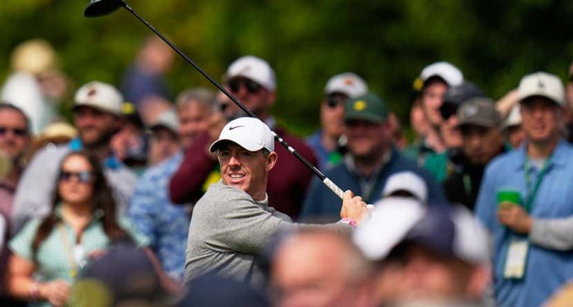 Rory McIlroy, of Northern Ireland, watches his tee shot on the 17th hole during a practice round ahead of the Masters golf tournament at the Augusta National Golf Club, Tuesday, April 7, 2026, in Augusta, Ga. (AP Photo/Eric Gay)