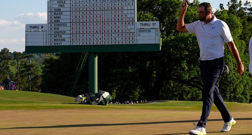 Scottie Scheffler finishes his final round of the Masters golf tournament at the Augusta National Golf Club, Sunday, April 12, 2026, in Augusta, Ga. (AP Photo/David J. Phillip)