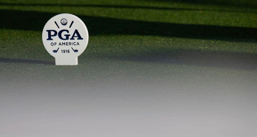 A general view of a PGA of America tee marker during the first round of the 2025 PGA Championship at Quail Hollow Club on Thursday, May 15, 2025 in Charlotte, North Carolina. (Photo by Jon Ferrey/LIV Golf via AP)