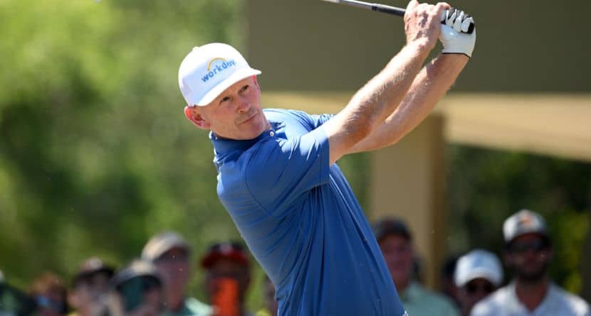 Brandt Snedeker tees off of the second hole during the final round of the Valspar Championship golf tournament Sunday, March 22, 2026, in Palm Harbor, Fla. (AP Photo/Jason Behnken)