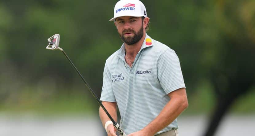 Cameron Young reacts to missing a putt on the sixth hole during the final round of the Cadillac Championship PGA golf tournament Sunday, May 3, 2026, in Doral, Fla. (AP Photo/David J. Phillip)