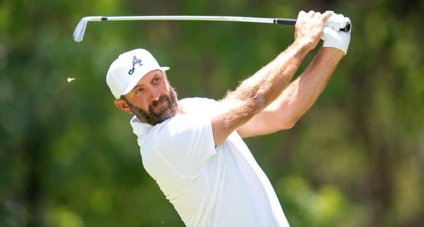 4Aces GC captain Dustin Johnson of hits his shot from the eighth tee during the third round of LIV Golf Mexico City tournament, Saturday, April 18, 2026 in Naucalpan, Mexico. (Mateo Villalba/LIV Golf via AP)