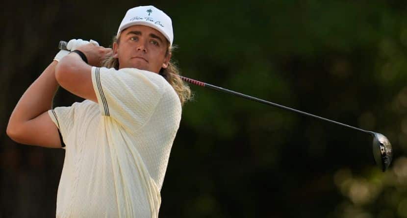 Garrick Higgo, of South Africa, hits from the 12th tee during the second round at the RBC Heritage golf tournament, Friday, April 17, 2026, in Hilton Head Island, S.C. (AP Photo/Mike Stewart)