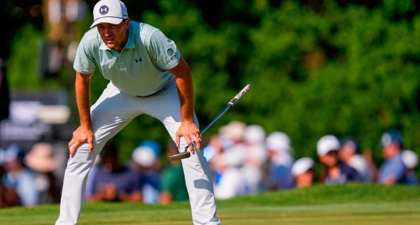 Jordan Spieth lines up his shot on the 11th green during the second round of the Cadillac Championship PGA golf tournament Friday, May 1, 2026, in Doral, Fla. (AP Photo/David J. Phillip)