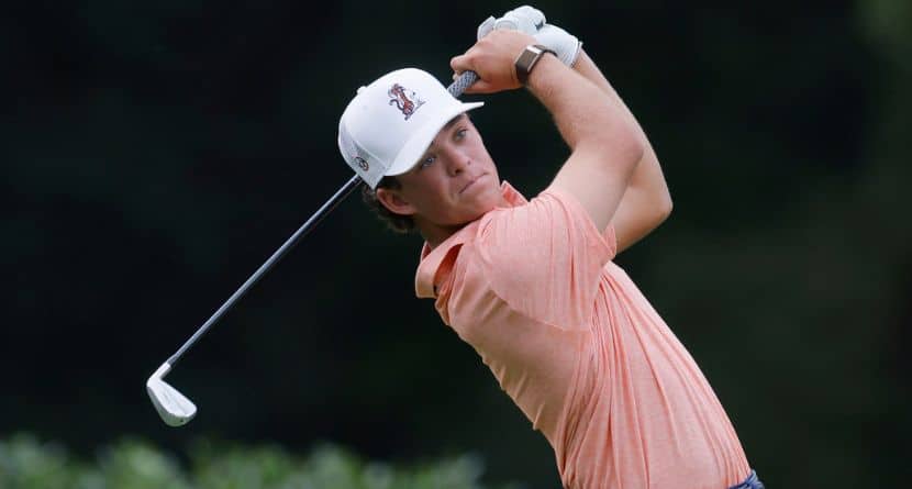 Auburn golfer Jackson Koivun tees off during the Ben Hogan Collegiate Invitational Golf Tournament on Tuesday, Sept. 30, 2025, in Fort Worth, Texas. (AP Photo/Mike Buscher)