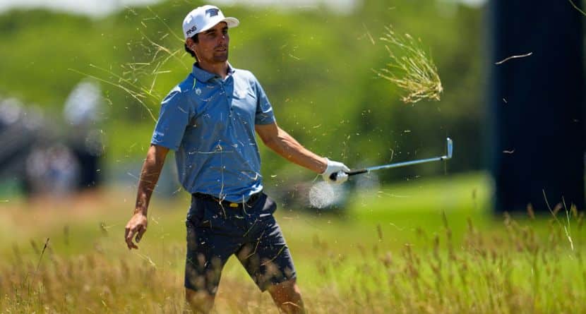 Joaquin Niemann hits from the rough on the third hole during a practice round for the U.S. Open golf tournament at Shinnecock Hills Golf Club in Southampton, N.Y., Tuesday, June 16, 2026.(AP Photo/George Walker IV)