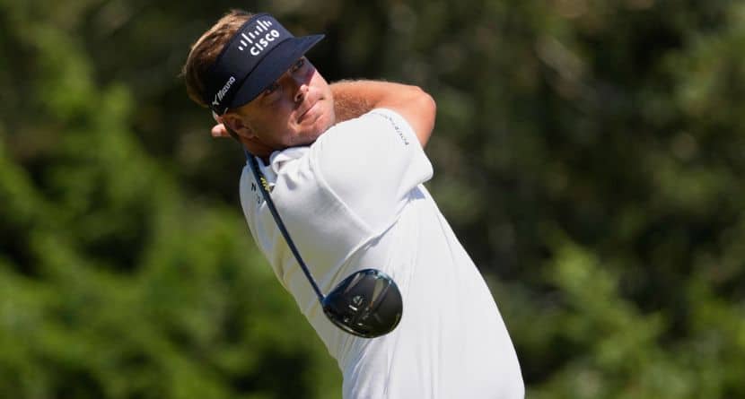 Keith Mitchell watches his tee shot on the sixth hole during the final round of the U.S. Open golf tournament at Shinnecock Hills Golf Club in Southampton, N.Y., Sunday, June 21, 2026. (AP Photo/David J. Phillip)