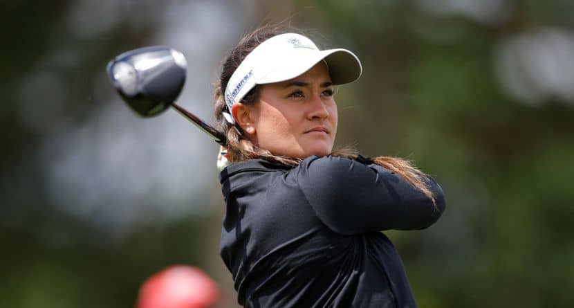 Kiara Romero watches her tee shot on the ninth hole during the first round of the Meijer LPGA Classic golf tournament, Thursday, June 18, 2026, in Belmont, Mich. (AP Photo/Al Goldis)
