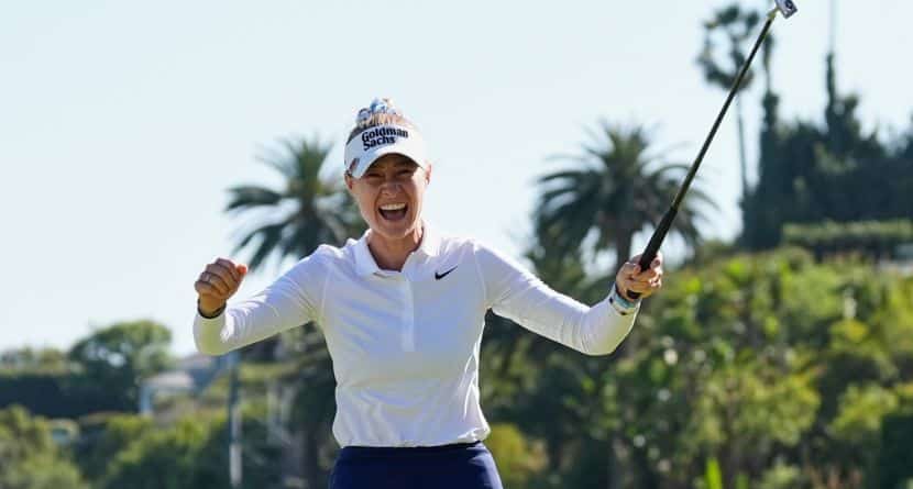 Nelly Korda reacts after winning the U.S. Women's Open golf tournament Sunday, June 7, 2026, in the Pacific Palisades area of Los Angeles. (AP Photo/Ashley Landis)