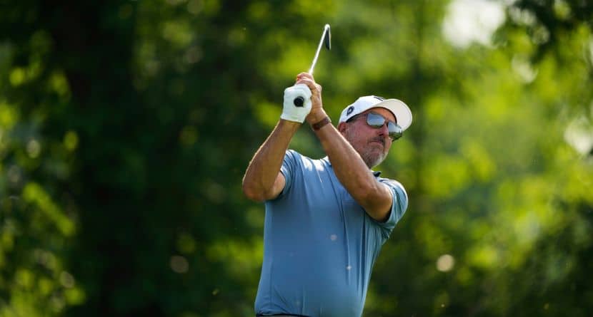 Phil Mickelson tees off on the 13th hole during the first round of the U.S. Open golf tournament at Oakmont Country Club, June 12, 2025, in Oakmont, Pa. (AP Photo/Carolyn Kaster)