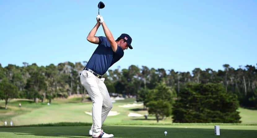 The USA team's Preston Stout hits from the 10th tee during Walker Cup golf matches at Cypress Point Club on Sunday, Sept. 7, 2025, in Pebble Beach, Calif. (AP Photo/Thien-An Truong )