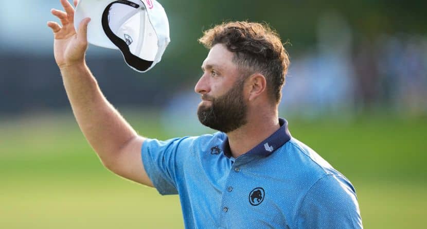 Jon Rahm, of Spain, acknowledges the gallery on the 18th green after his round during the final round of the PGA Championship golf tournament at Aronimink Golf Club, Sunday, May 17, 2026, in Newtown Square, PA. (AP Photo/Matt Slocum)
