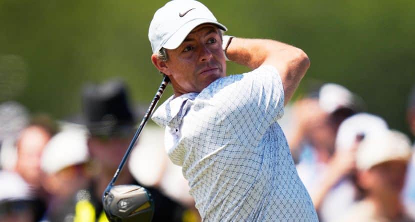 Rory McIlroy, of Northern Ireland, watches his tee shot on the ninth hole during the final round of the U.S. Open golf tournament at Shinnecock Hills Golf Club in Southampton, N.Y., Sunday, June 21, 2026. (AP Photo/Seth Wenig)