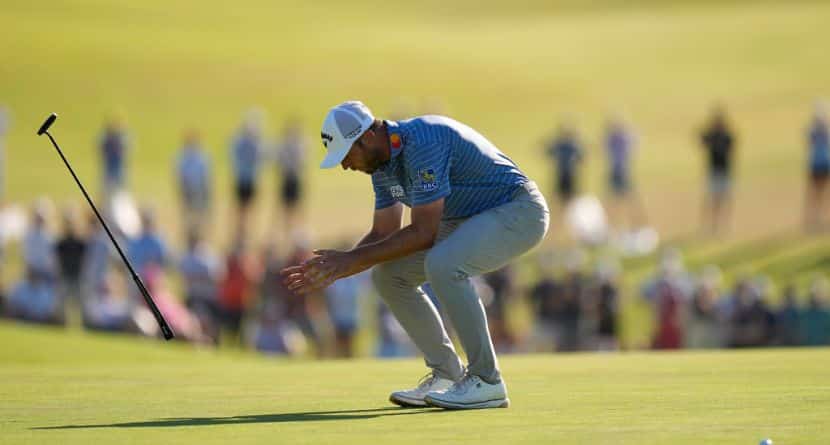 Sam Burns celebrates after a birdie on the 16th hole during the final round of the U.S. Open golf tournament at Shinnecock Hills Golf Club in Southampton, N.Y., Sunday, June 21, 2026. (AP Photo/David J. Phillip)