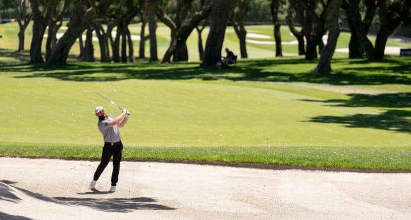 Tyrrell Hatton, of Legion XIII, hits from a bunker on the eighth hole during the second round of LIV Golf Andalucía at Real Club Valderrama, Friday, June 5, 2026, in San Roque, Spain. (Pedro Salado/LIV Golf via AP)