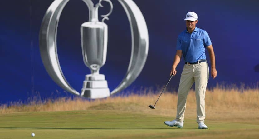Jackson Suber of the United States putts win the 18th green during the first day of the British Open Golf championships at Royal Birkdale golf club, in Southport, England, Thursday, July 16, 2026. (AP Photo/Peter Morrison)