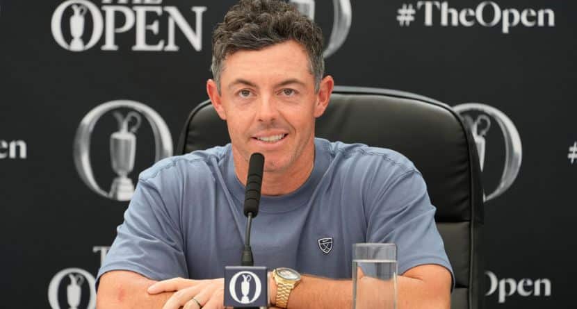 Rory McIlroy of Northern Ireland speaks at a press conference ahead of the British Open Golf championships at Royal Birkdale golf club, in Southport, England, Tuesday, July 14, 2026. (AP Photo/David Goldman)