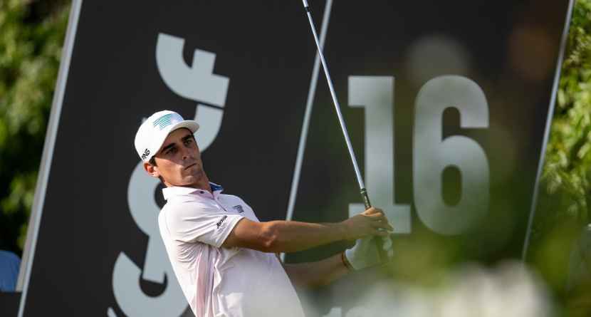 Captain Joaquín Niemann, of Torque GC, hits from the 16th tee during the first round of LIV Golf Bedminster at Trump National Golf Club, Thursday, Aug. 6, 2026, in Bedminster, N.J. (Montana Pritchard/LIV Golf via AP)
