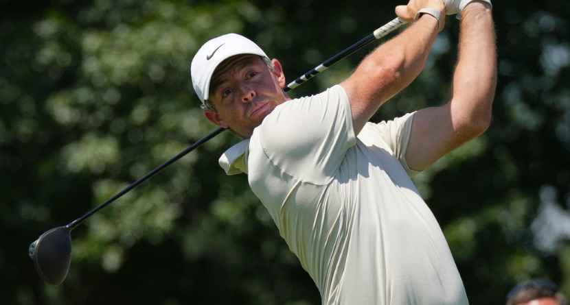 Rory McIlroy, of Northern Ireland, hits from the fifth tee during the first round of the BMW Championship golf tournament Thursday, Aug. 20, 2026, in St. Louis. (AP Photo/Jeff Roberson)