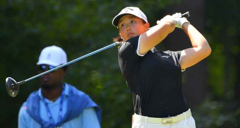 Ruoning Yin, of China, hits off the 2nd tee during the fourth round of the LPGA FM Championship golf tournament, Sunday, Aug. 30, 2026, in Norton, Mass. (AP Photo/Steven Senne)