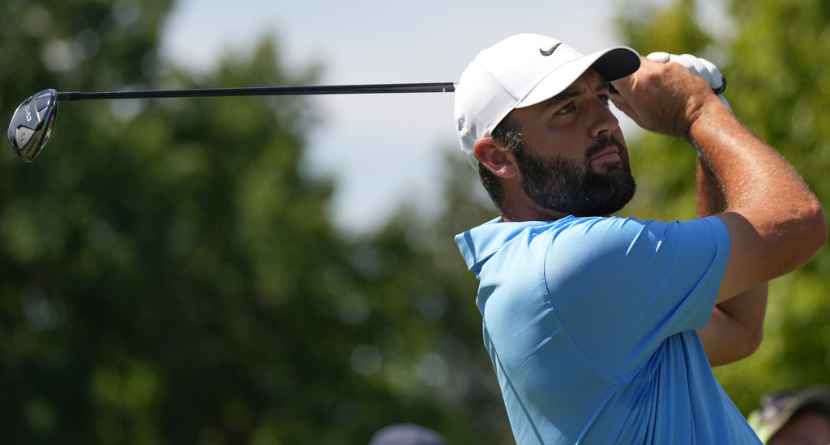 Scottie Scheffler hits from the second tee in the final round of the BMW Championship golf tournament, Sunday, Aug. 23, 2026, in St. Louis. (AP Photo/Jeff Roberson)