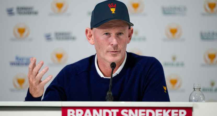 USA team Captain Brandt Snedeker speaks during the four-ball match Captain's Pairings event prior to the start of the Presidents Cup golf tournament against the International team at Medinah Country Club, Wednesday, Sept. 23, 2026, in Medinah, Ill. (AP Photo/Matt Slocum)
