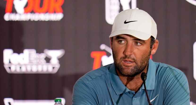 Scottie Scheffler speaks during a news conference after winning the final round of the PGA Tour Championship golf tournament, Sundday, Aug 30, 2026, in Atlanta.(AP Photo/Mike Stewart)