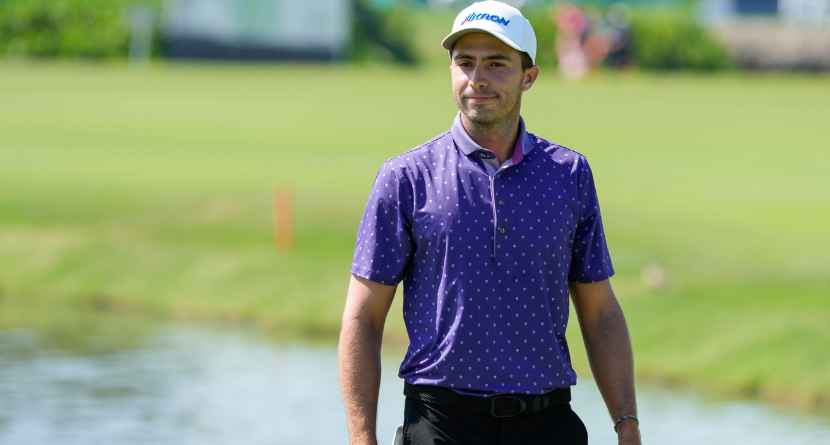 Alvaro Ortiz, of Mexico, reacts after making a par during the final round of the Mexico Open golf tournament in Puerto Vallarta, Mexico, on Feb. 25, 2024. (AP Photo/Fernando Llano)