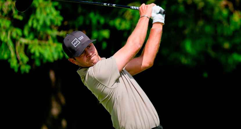 Chandler Blanchet hits from the fourth tee during the first round of the PGA Championship golf tournament at Aronimink Golf Club, Thursday, May 14, 2026, in Newtown Square, PA. (AP Photo/Matt Slocum)