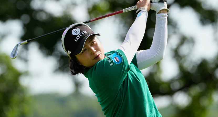 Hye-Jin Choi, of South Korea, hits from the 17th tee during the second round of the Women's PGA Championship golf tournament, Friday, June 26, 2026, in Chaska, Minn. (AP Photo/Chris Carlson)