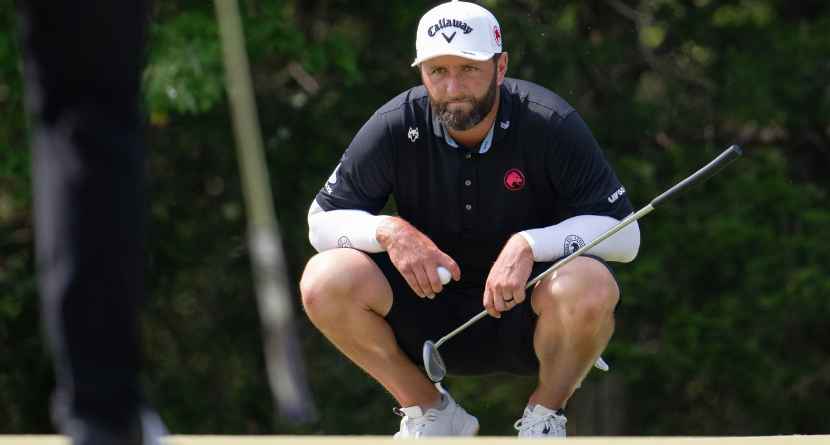 Captain Jon Rahm of Legion XIII reads his putt during the final round of LIV Golf Bedminster at Trump National Golf Club on Sunday, Aug. 9, 2026 in Bedminster, N.J. (Montana Pritchard/LIV Golf)