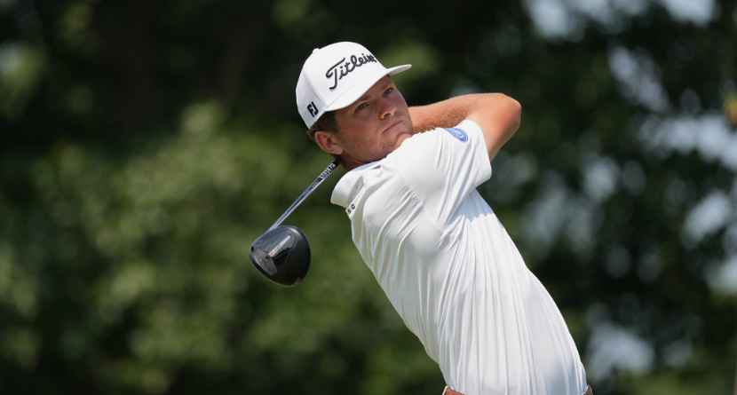 Michael Brennan tees off on the fifth hole during the third round of the BMW Championship golf tournament Saturday, Aug. 22, 2026, in St. Louis. (AP Photo/Jeff Roberson)