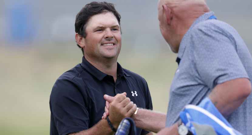 Patrick Reed of the United States reacts during the Irish Open at Trump International Golf Links in Doonbeg, Ireland, Sunday, Sept. 13, 2026.(AP Photo/Peter Morrison)