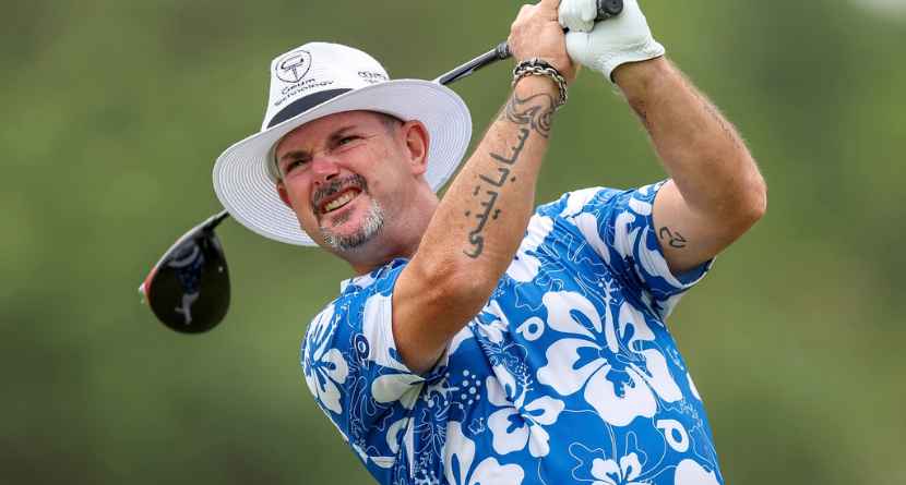 Rory Sabbatini tees off on the second hole during the third round of the Valspar Championship golf tournament Saturday, March 18, 2023, at Innisbrook in Palm Harbor, Fla. (AP Photo/Mike Carlson)