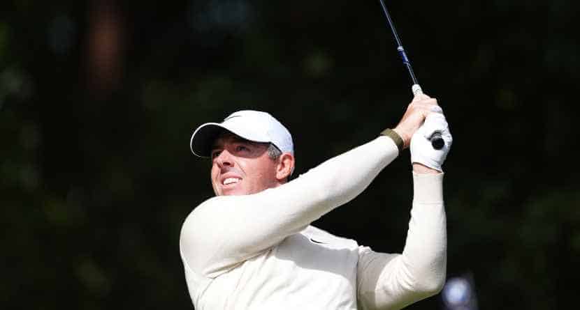 Rory McIlroy of Northern Ireland on the 2nd tee on day four of the PGA Championship at Wentworth Golf Club in Virginia Water, England, Sunday Sept. 20, 2026. (Adam Davy/PA via AP)