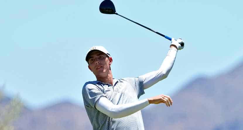 Georgia Tech golfer Ross Steelman hits from the third tee during the final round of the NCAA college men's stroke play golf championship, May 29, 2023, in Scottsdale, Ariz. (AP Photo/Matt York)